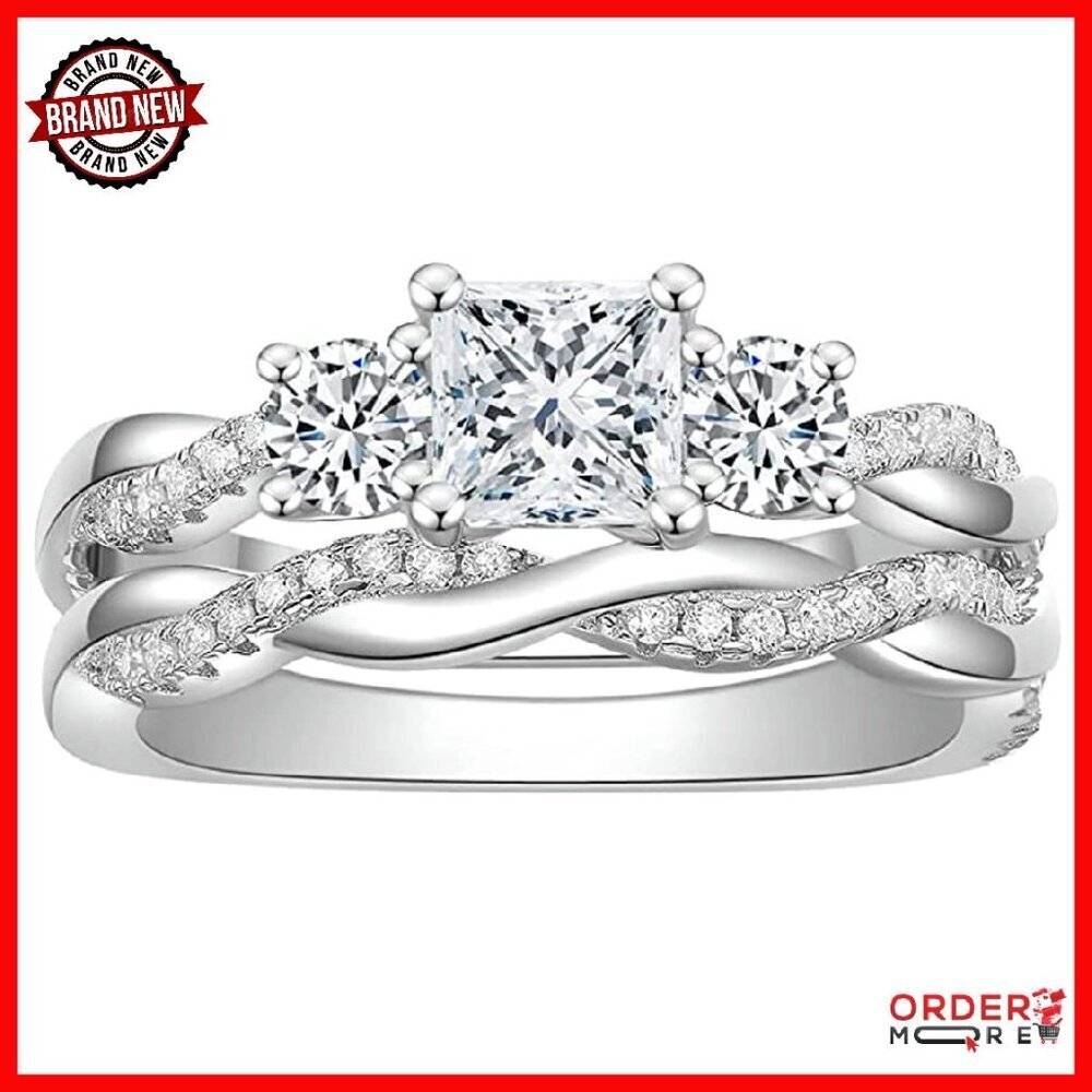 Sterling Silver 1ct Princess Cut Moissanite Bridal Set Size 6-9